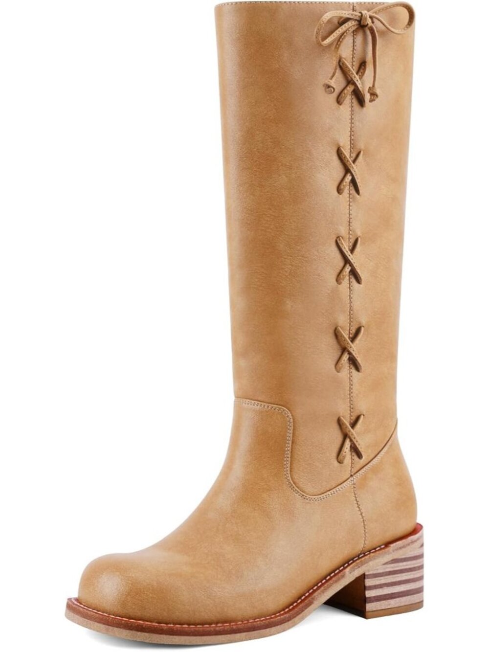 Women's Lace Chestnut Brown Low Heel Solid Chunky Block Heel Long Knee High Boot